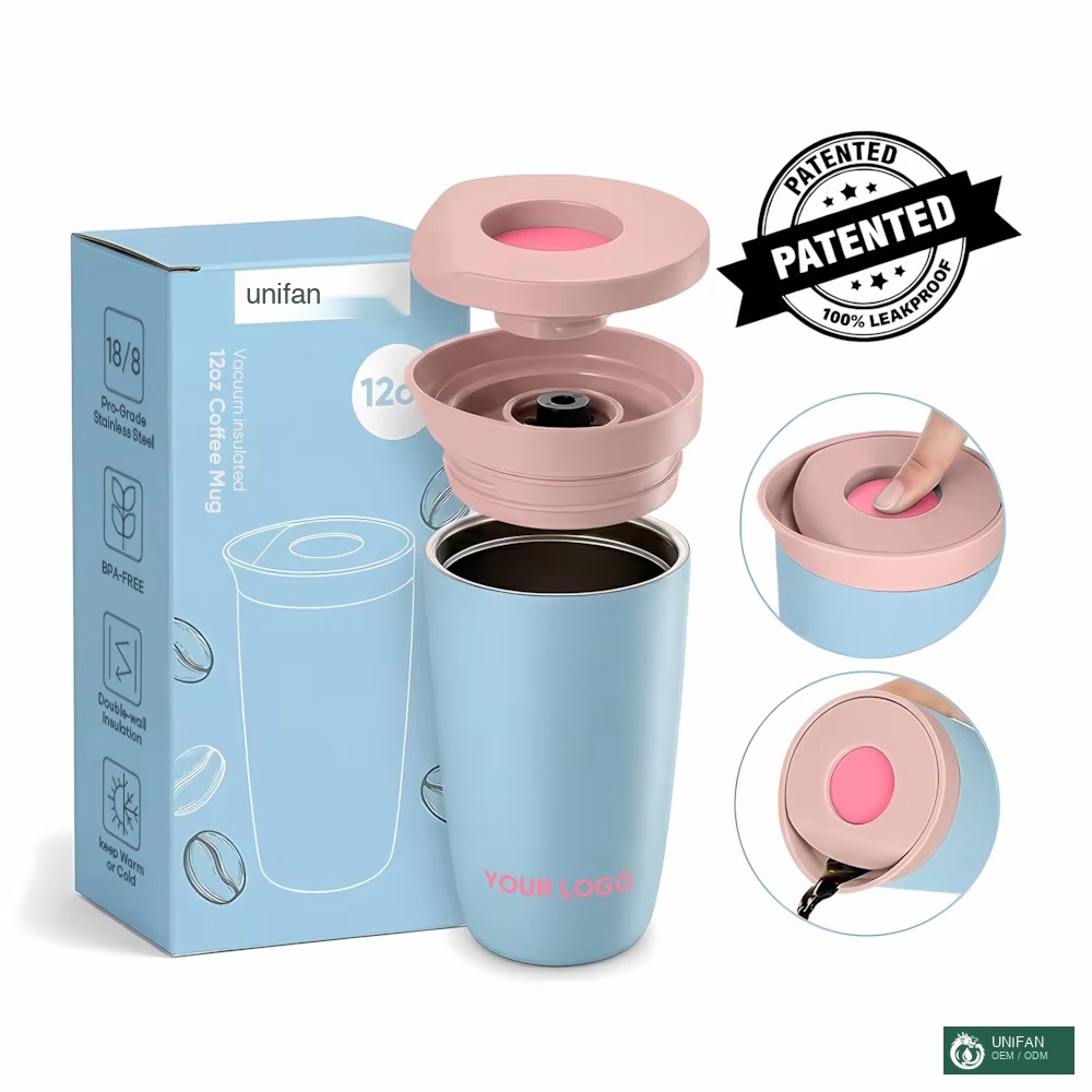 UNIFANODM 19451 Coffee Mug 304SUS Double Wall Insulated Vacuum Coffee Tumbler With Leak-Proof & Detachable Button Lid