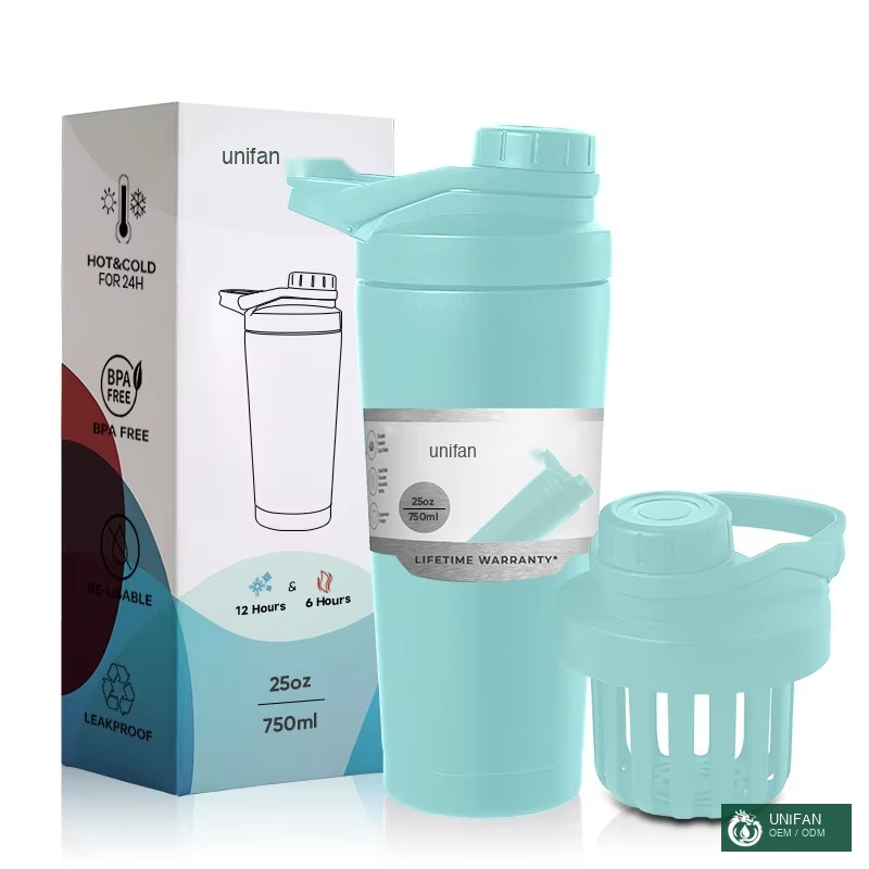 UNIFAN Double Wall Insulated Shaker Bottle Stainless Steel Vaccum Water Bottle 18oz 20oz 25oz Durable Protein Shaker Cup