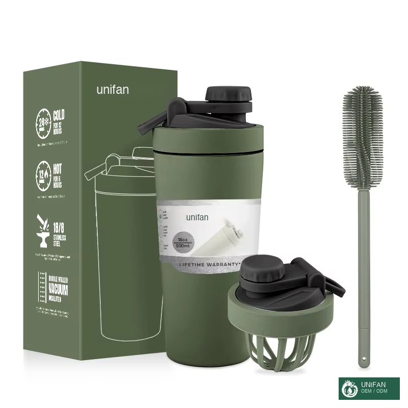 UNIFAN 20oz Insulated Vacuum Protein Shaker Bottle 304 Stainless Steel Double Wall Shaker Bottle Support Custom With Lid