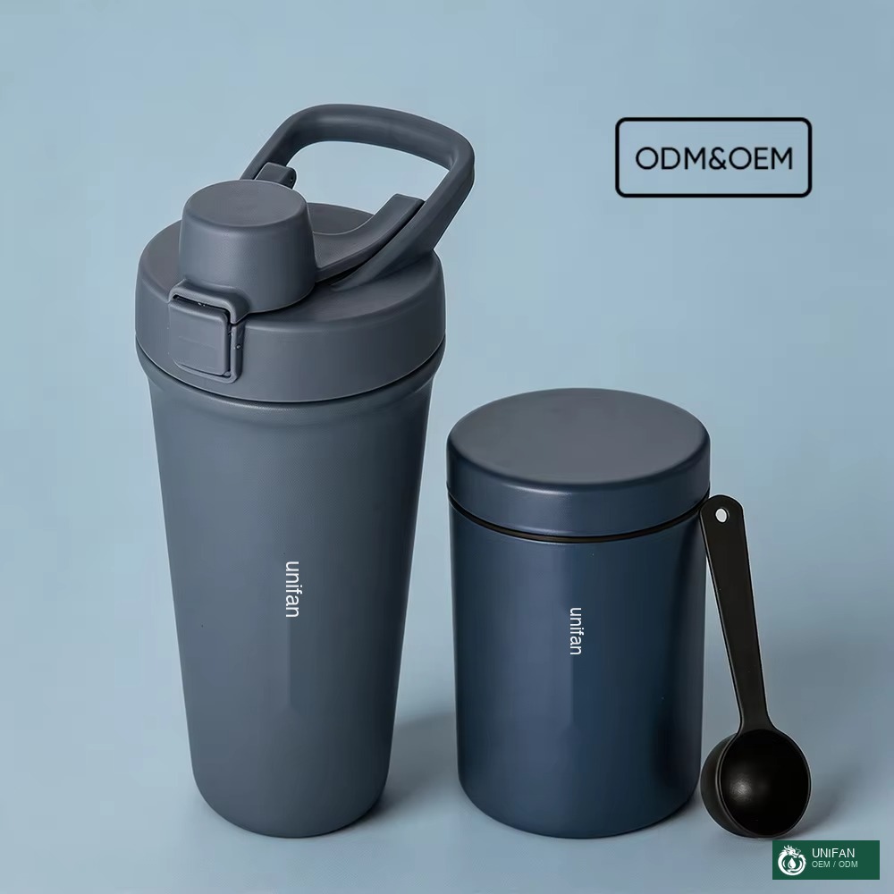 UNIFAN 26oz Custom logo Insulated Stainless Steel Double Wall Vacuum Shaker Bottle and Protein Powder Box Storage Container Gym Durable