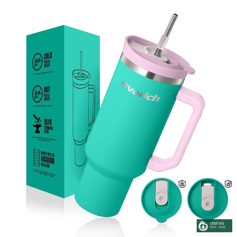 UNIFAN 40oz Tumbler With Lid Straw With Handle Double Wall Insulated Vacuum Adventure Travel Mug Powder Coated Custom Logo Color