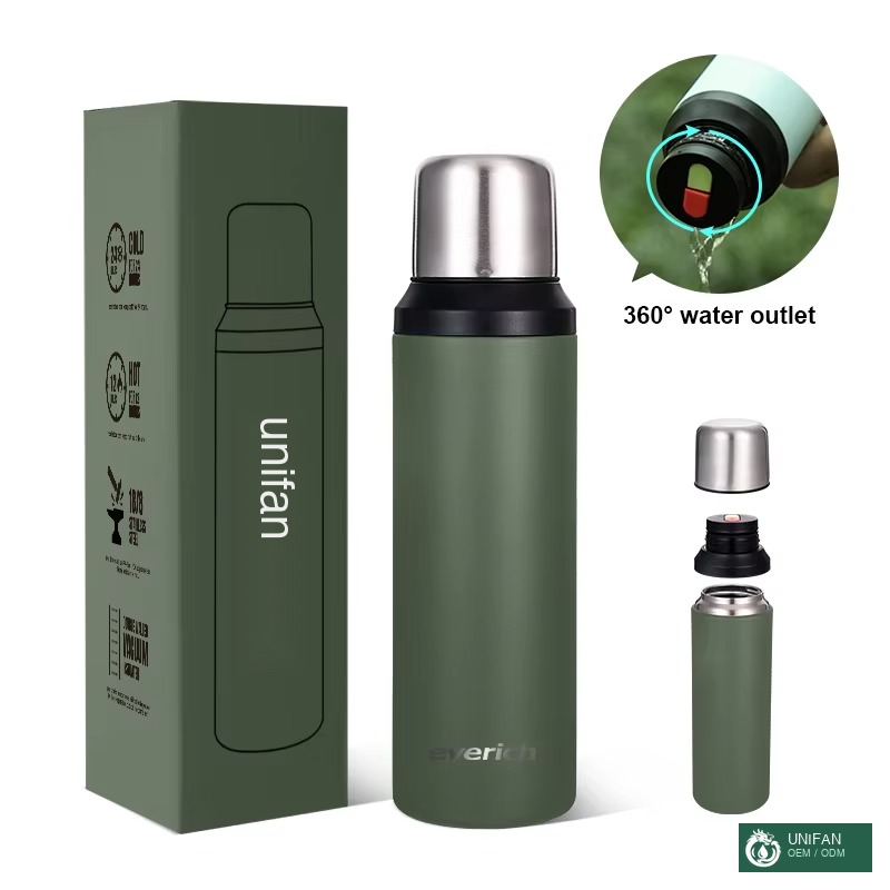UNIFAN750ml Stainless Steel Water Bottle - 360° Leakproof Outlet, Double Wall for Outdoor & Travel