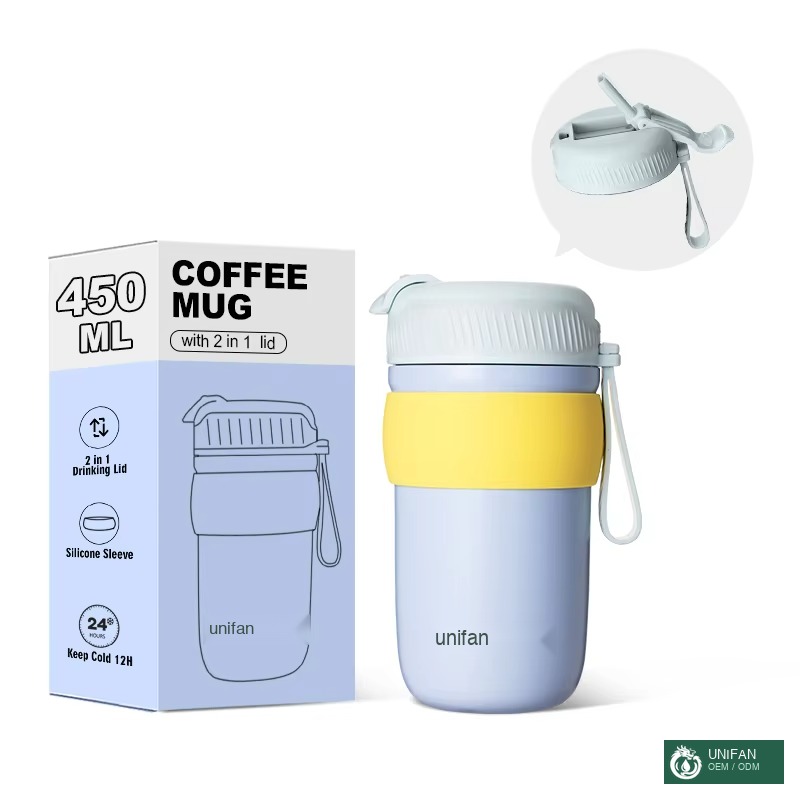 UNIFANPremium 450ml Vacuum Insulated Coffee Mug, 2-in-1 Leakproof Lid (Straw & Direct Drink), Soft Silicone Handle for Office
