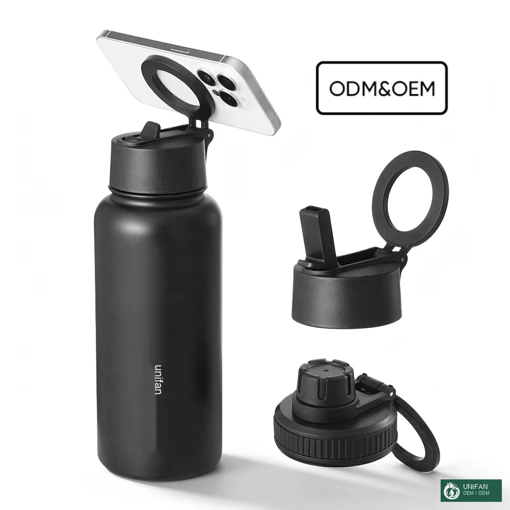 UNIFAN 32oz Insulated Stainless Steel Water Bottle with Magnetic Phone Holder Double Wall Vacuum Flask Capacity