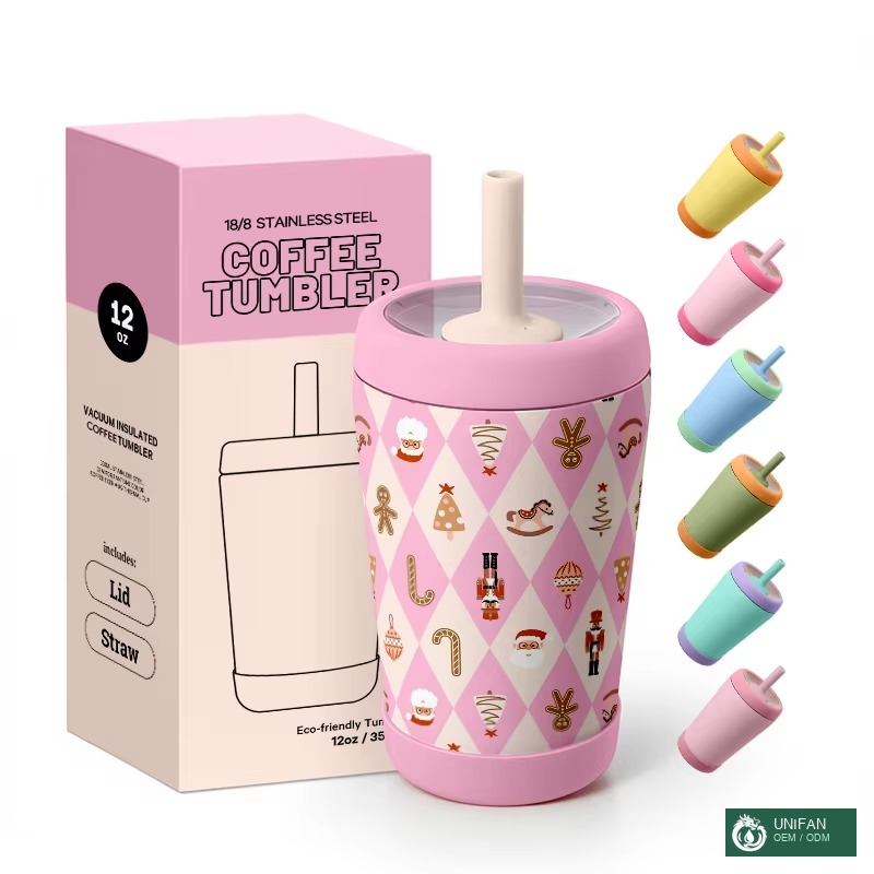 UNIFAN 12oz Kids Tumbler with Silicone Straw Lid, BPA Free & Full Silicone Sleeve, Double Wall 304 Stainless Steel Cup
