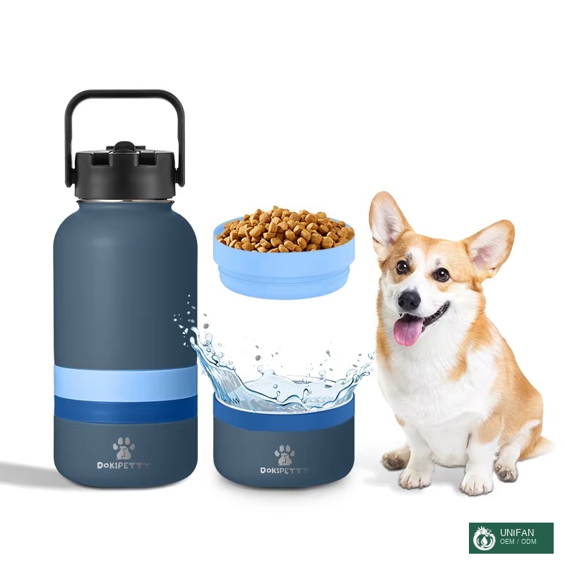 UNIFAN Customized 3 in 1 Portable 32oz Cute Dog Paw Pattern Multi-Function Pet Bottle for Outdoors with Detachable Feeders Dog Bottle