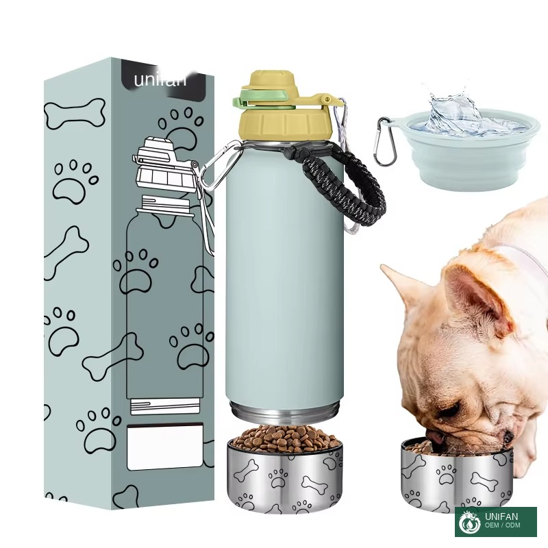 UNIFAN 2026 Custom 3 in 1 Portable 32oz Cute Dog Paw Pattern Multi-Function Pet Bottle for Outdoors with Detachable Feeders Dog Bottle