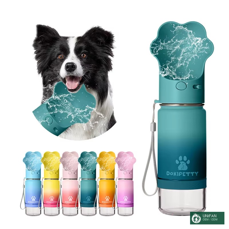 UNIFANCustom 14oz Portable Cute Dog Paw Pattern Multi-Function Pet Bottle for Outdoors with Detachable Feeders Dog Bowls