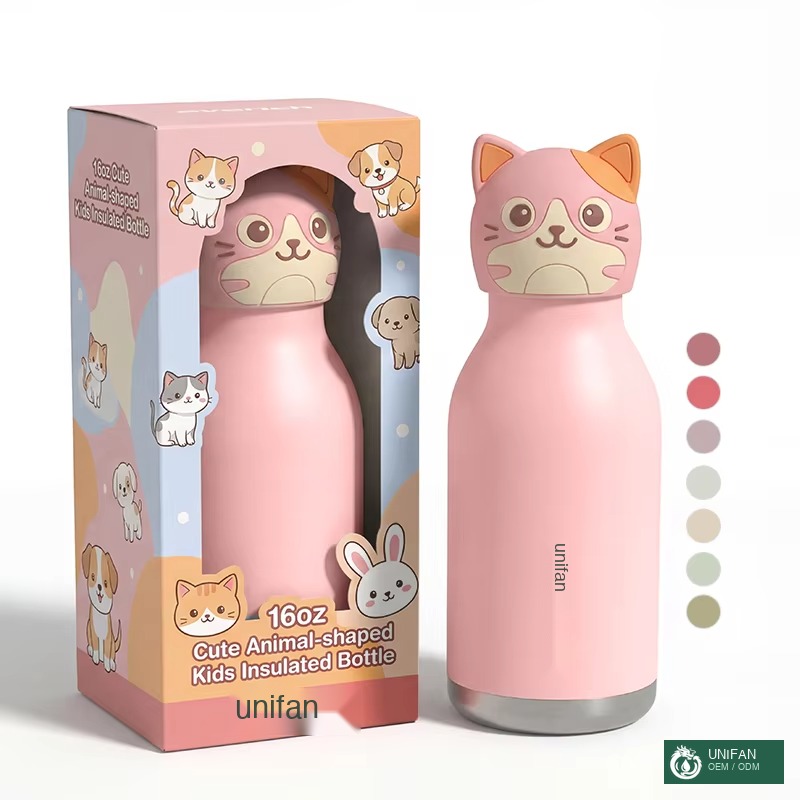 UNIFAN New2026 Custom BPA-Free Kids Insulated Bottle 450ml/16oz Double-Wall Vacuum Flask with Leakproof Lid and Adorable Animal Design