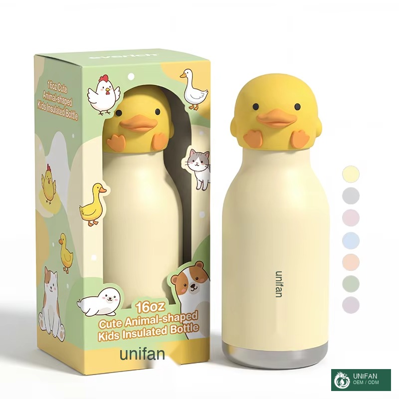 UNIFAN Cute Custom BPA-Free Kids Insulated Bottle 450ml/16oz Double-Wall Vacuum Flask with Leakproof Lid and Adorable Animal Design