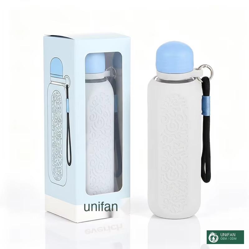 UNIFAN500ml Portable Glass Bottle Custom Lid Packing and Body with Silicone Insulated Cover and Handle 100% Leak-Proof