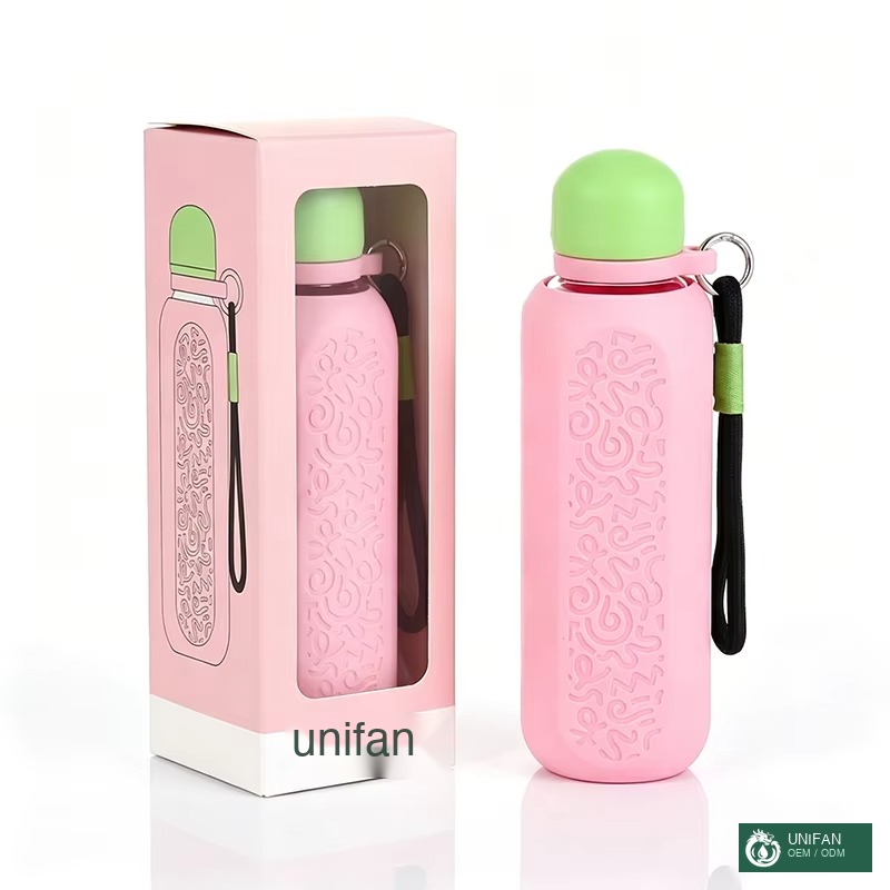 UNIFAN Portable Glass 500ml UNIFANBottle Custom Lid Packing and Body with Silicone Insulated Cover and Handle 100% Leak-Proof