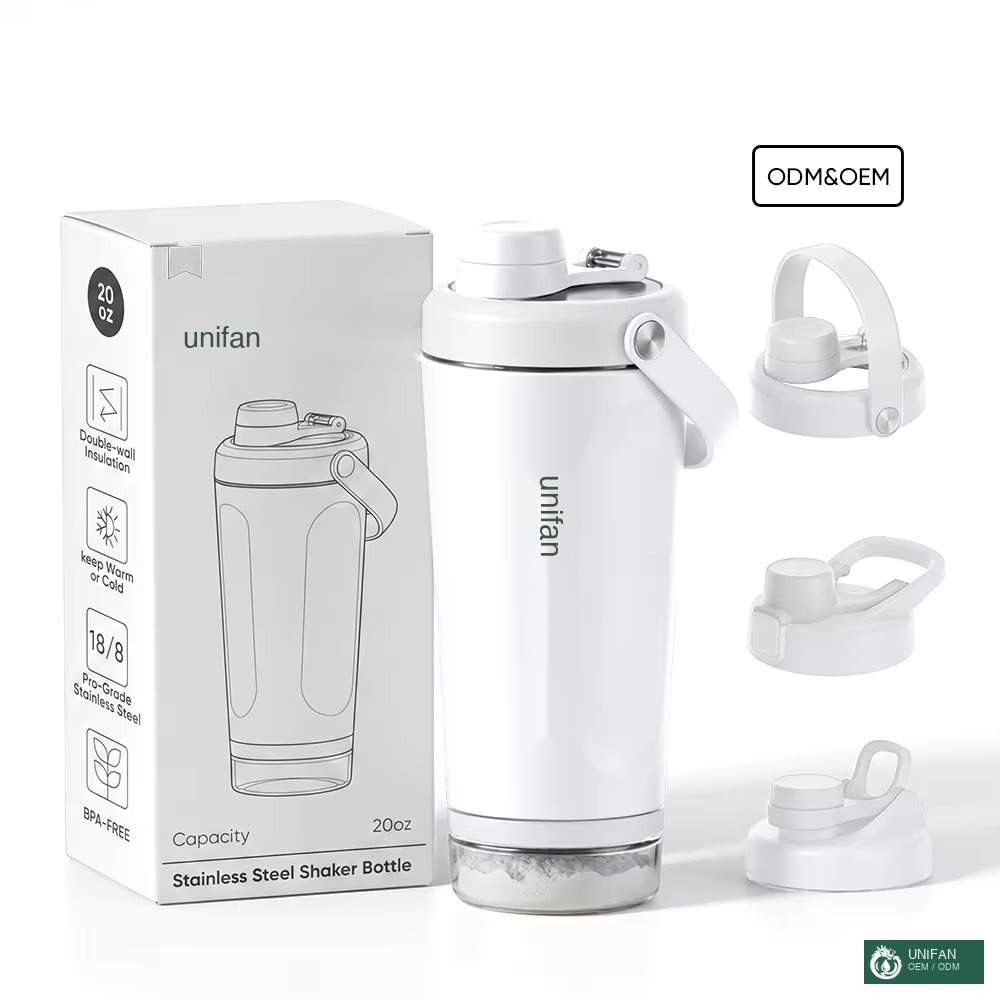 UNIFAN 20oz Custom Shaker Bottle with Easy Open Lock Lid Gym Double Wall Vacuum Insulated Stainless Steel Fitness Protein Shaker