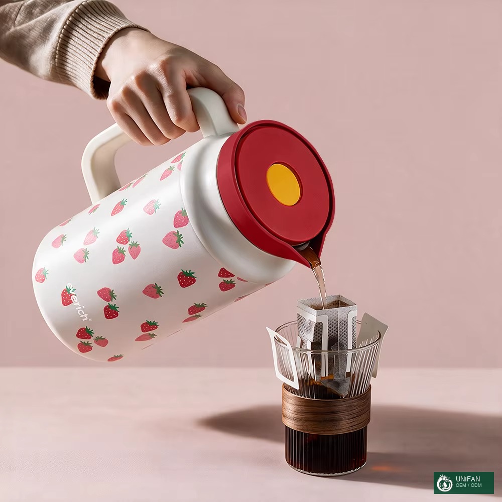 UNIFAN Custom Large Capacity 50/64oz Stainless Steel Vacuum Insulated Pot Kettle With Press Button Lid Keep Cold or Warm for Coffee