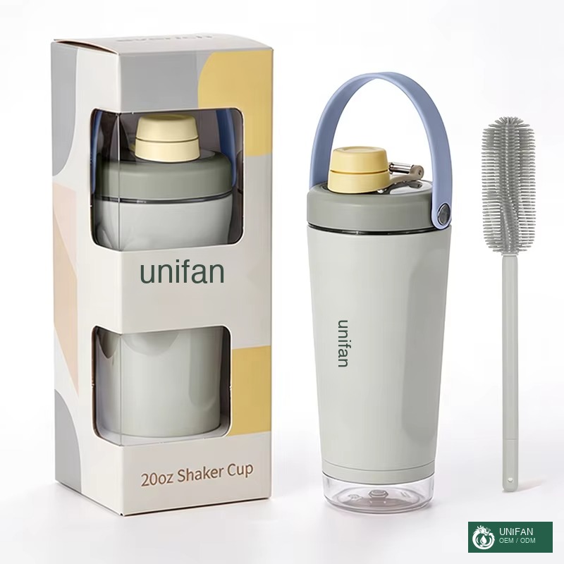 UNIFAN Tritan Lid and Base 20oz Shaker Bottle with Container and Lock Lid Double Wall Vacuum Insulated Stainless Steel for Fitness