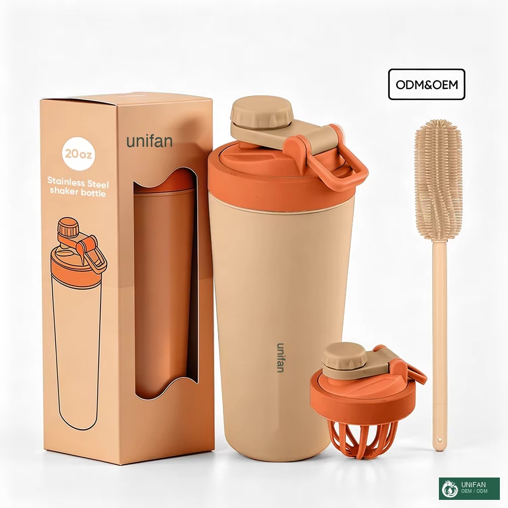 UNIFAN Double Wall Vacuum Insulated Custom Gym Shaker Bottle Cup 20oz with Stationary Shaking Ball for Powder Fitness