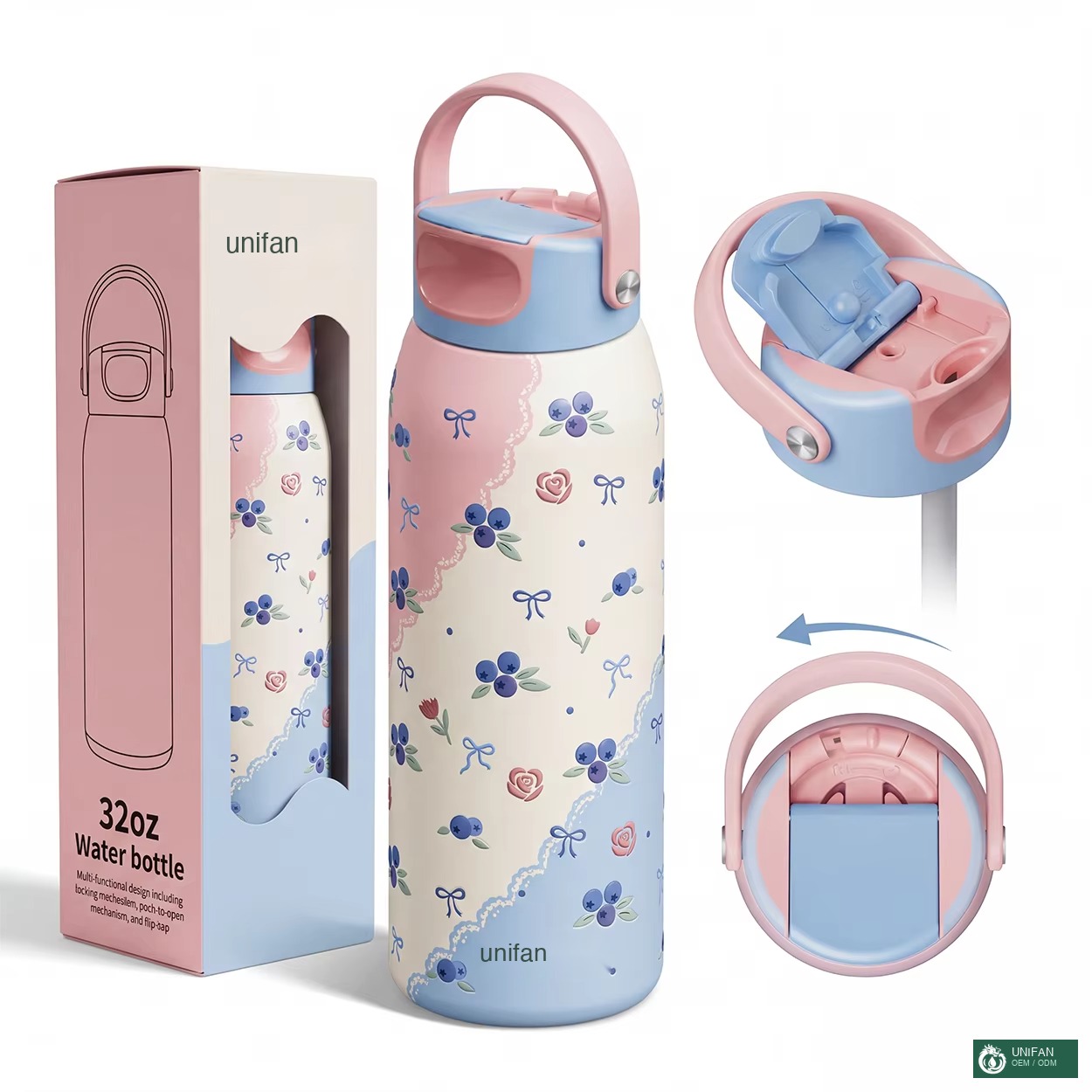 UNIFAN 32 oz Vacuum Insulated Stainless Steel Water Bottle with Straw Lid and Handle Double Wall Leak Proof Quilted for Gym Outdoor