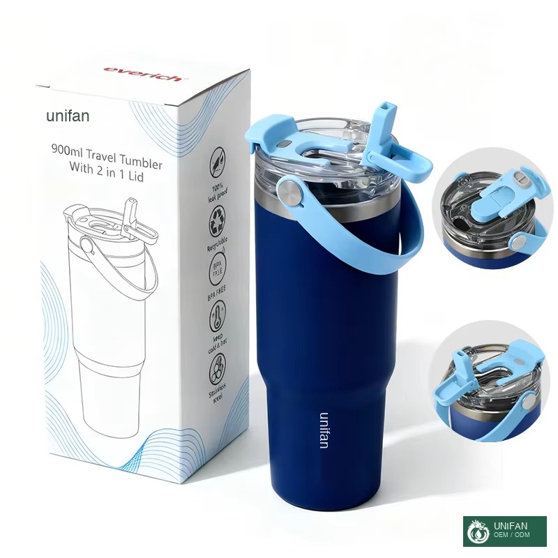 UNIFAN Vacuum Insulated Tumbler with 2 in 1 Lid Double Wall 304 Stainless Steel Two Way Drink Leakproof Custom Logo Travel Car Cup