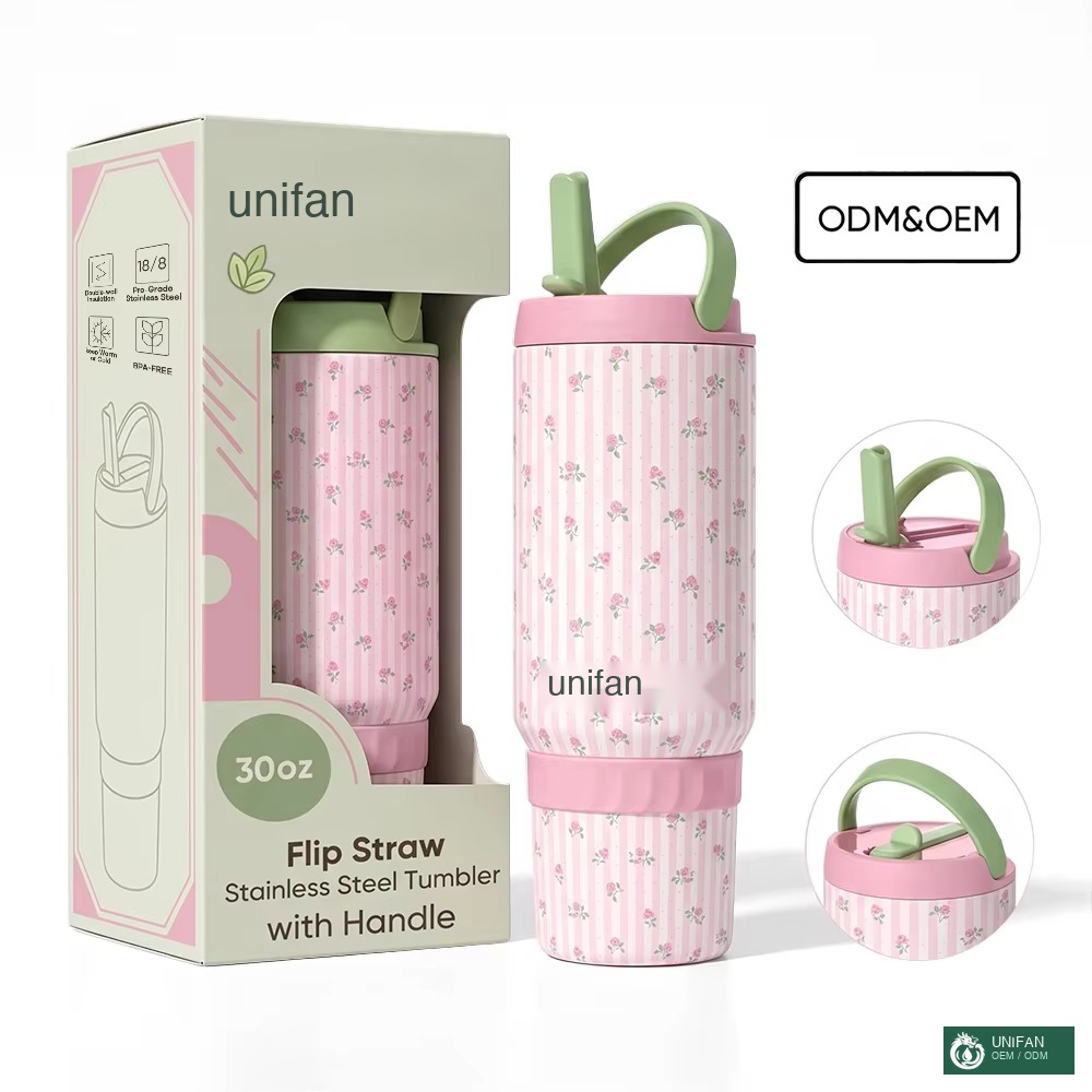 UNIFAN 30oz Insulated Tumbler with Handle Straw Lid Double Wall 304 Stainless Steel , Leakproof, Custom Logo, for Sport Gym Travel Car