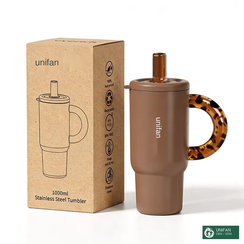 UNIFAN Stainless Steel Vacuum Insulated Tumbler 40oz with Tortoiseshell Acrylic Handle Leak Proof Tritan Straw Double Wall Travel Cup